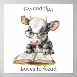 Nursery Art Poster Cow Reading a Bok Personalize