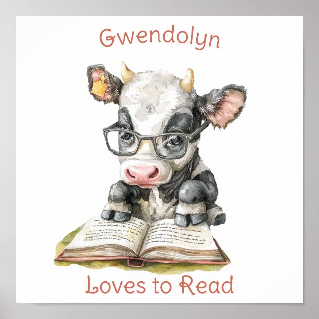 Nursery Art Poster Cow Reading a Bok Personalize (Framsidan)