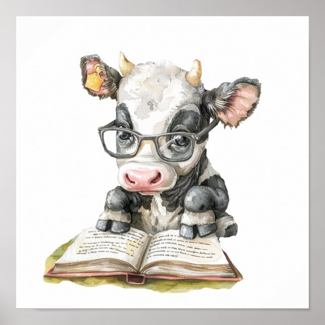 Nursery Art Poster "Cow Reading with Eyeglasses" (Framsidan)
