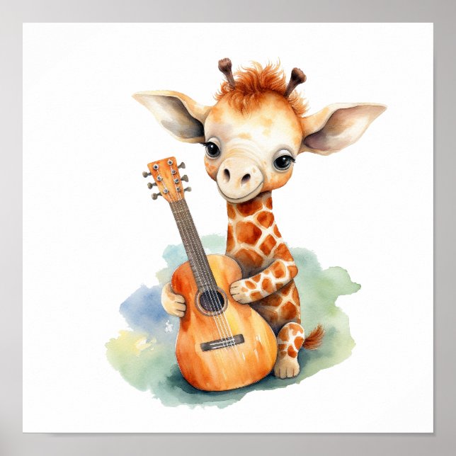 Nursery Art Poster Giraffe med en Guitar (Framsidan)