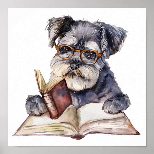 Nursery Art Poster Hund Reading with Eyeglasses (Framsidan)