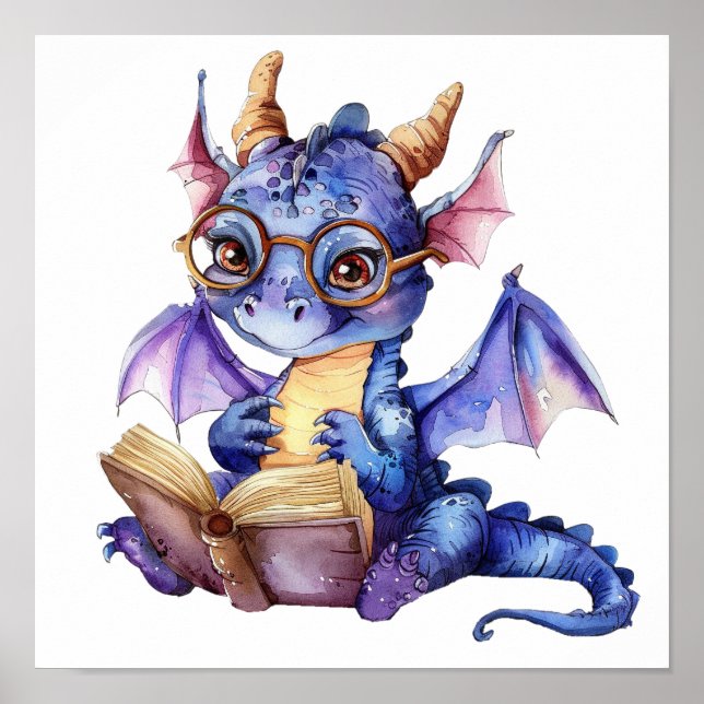 Nursery Art Poster Lilla Lila Dragon Reading (Framsidan)