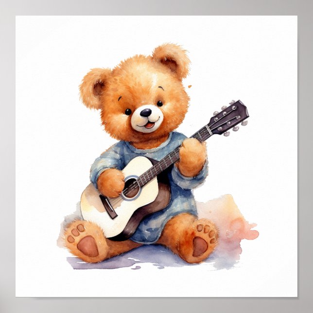 Nursery Art Poster Nalle Guitar Höger-Handed (Framsidan)