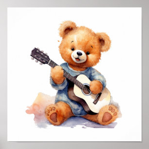 Nursery Art Poster Nalle Guitar Lämnat hanterade