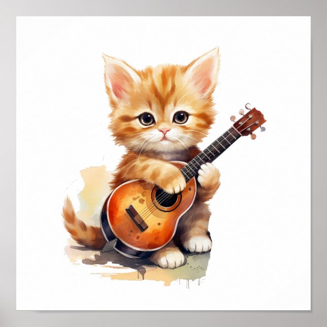 Nursery Art Poster Orange Cat Guitar Höger-Handed (Framsidan)