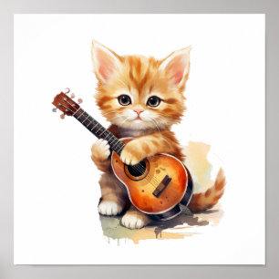 Nursery Art Poster Orange Cat Guitar Lämnat hanter