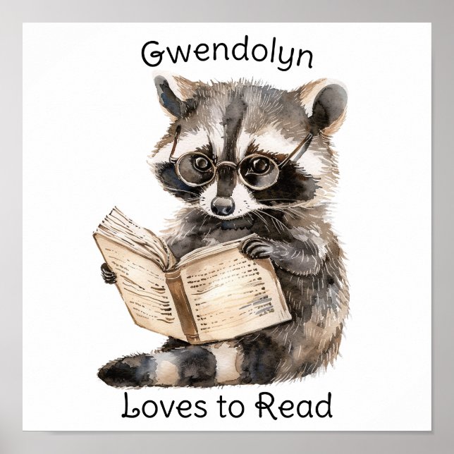 Nursery Art Poster Raccoon Reading (Framsidan)