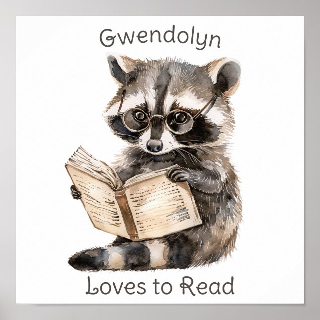 Nursery Art Poster Raccoon Reading (Framsidan)