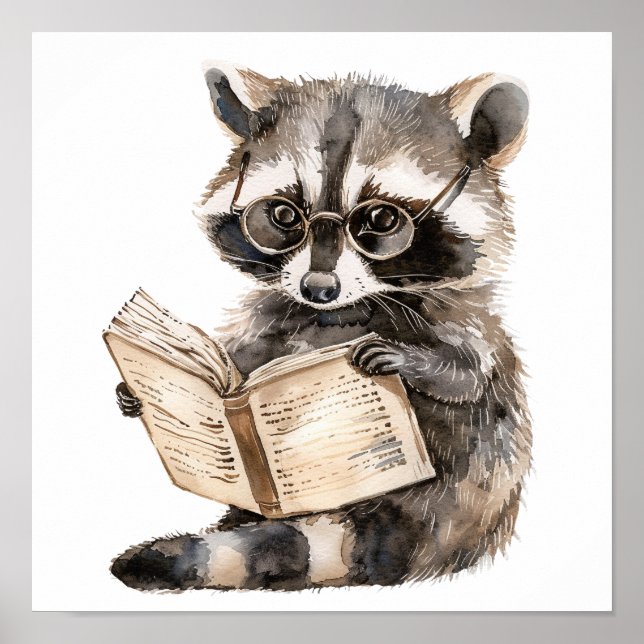 Nursery Art Poster Raccoon Reading med Eyeglasses (Framsidan)