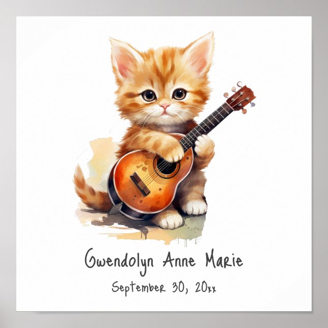 Nursery Art Poster Tabby katt med Guitar (Framsidan)