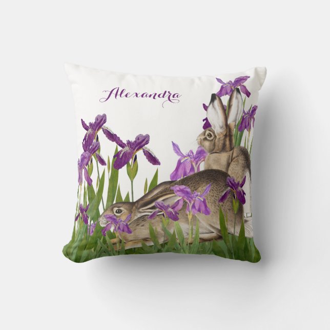 Nursery Bunny Rabbit Lila Iris Blommigt Kudde (Framsida)