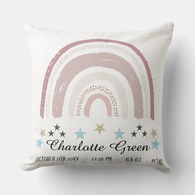 Nursery Cushion Birth Record Rainbow Stars Kudde (Framsida)