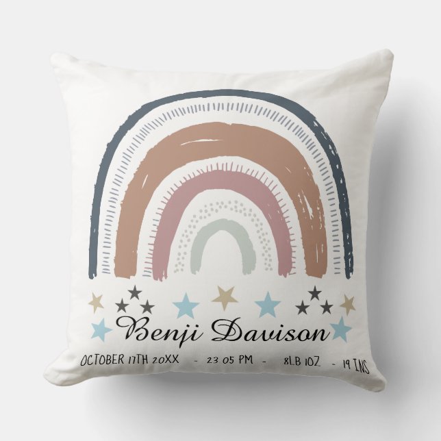 Nursery Cushion Birth Record Rainbow Stars Kudde (Framsida)