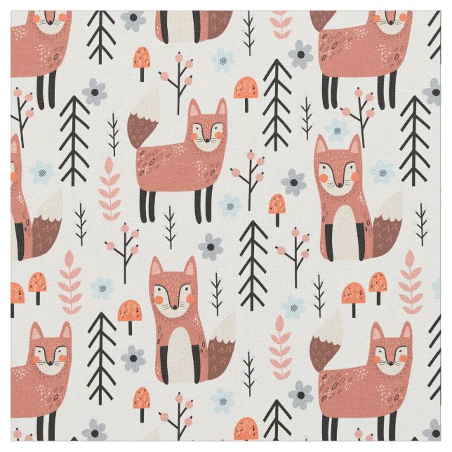 Nursery Cute Fox Forest Woodland Mönster Tyg (Närbild)