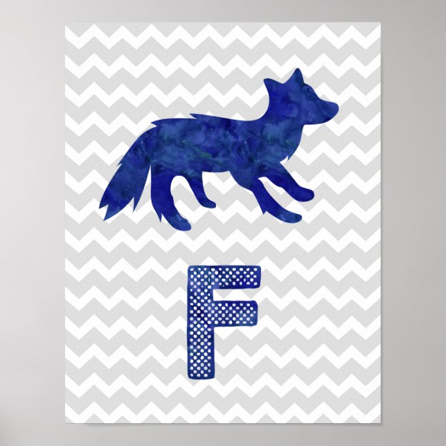 Nursery Decor Blue Fox Brev F Grått Chevron Poster (Framsidan)
