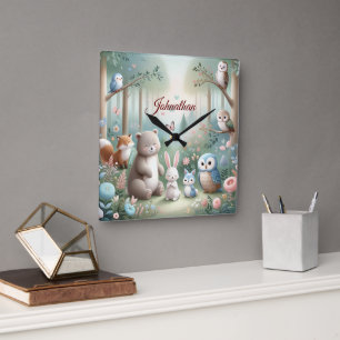 Nursery Decor, Forest Cute Animals - Anpassat namn Fyrkantig Klocka