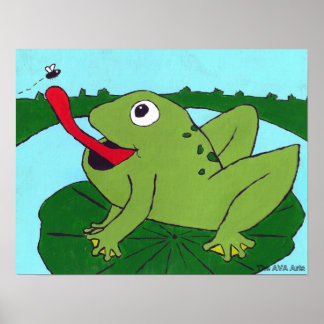Nursery Decor, Frog Catching fly, Hand plockade Poster