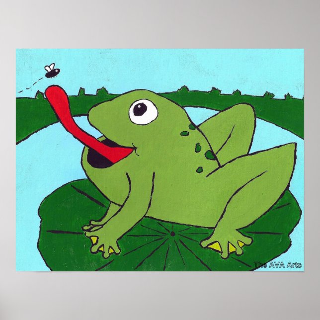 Nursery Decor, Frog Catching fly, Hand plockade Poster (Framsidan)