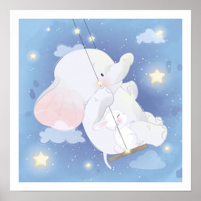 NURSERY POSTER: BABY ELEPHANT + BUNNY POSTER (Framsidan)