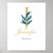 Nursery Print Namn, Brev J, Flicka wall art