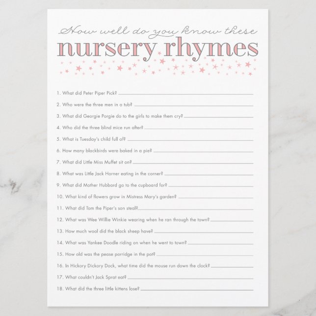 Nursery Rhyme Game Star Baby Shower Game Card (Framsida)