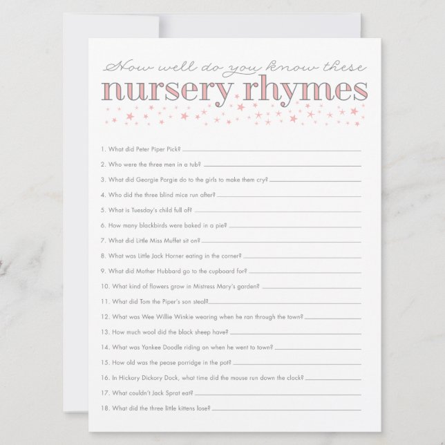 Nursery Rhyme Game Star Baby Shower Game Card (Framsida)