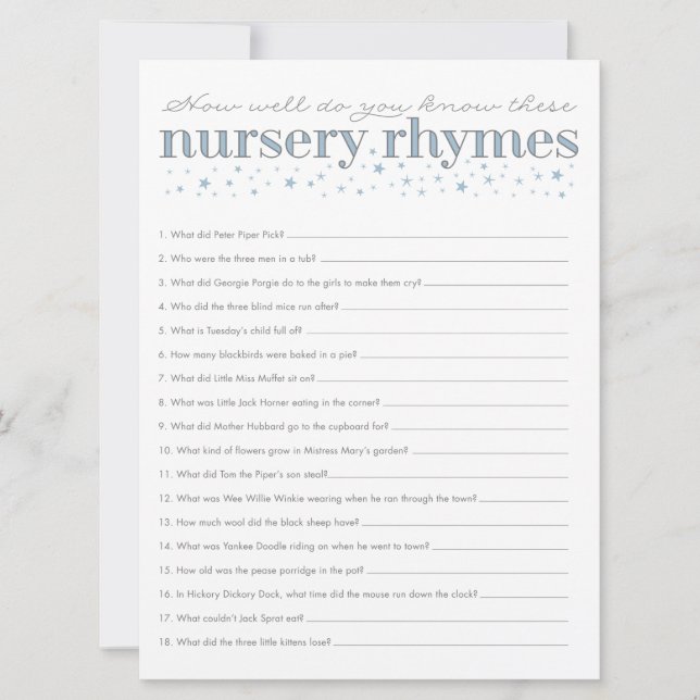 Nursery Rhyme Game Star Baby Shower Game Card (Framsida)