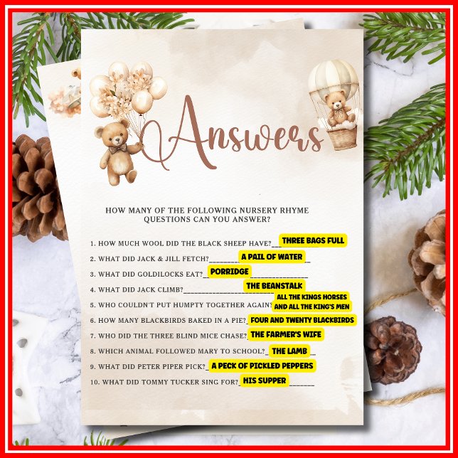 NURSERY RHYME QUIZ Baby Shower Game Cute Bear Inbjudningar (Skapare uppladdad)