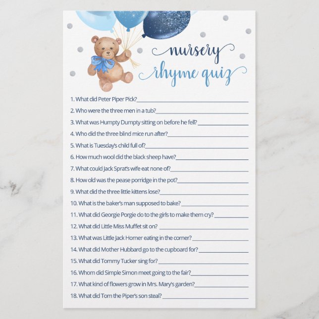 Nursery Rhyme Quiz Game Baby Shower Nalle (Framsida)