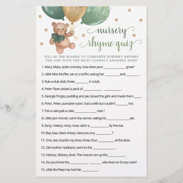 Nursery Rhyme Quiz Game Baby Shower Nalle (Framsida)