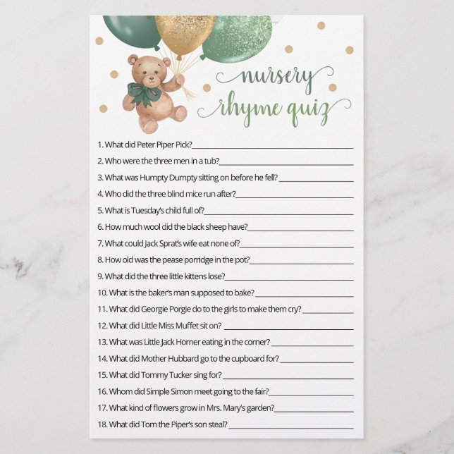 Nursery Rhyme Quiz Game Baby Shower Nalle (Framsida)