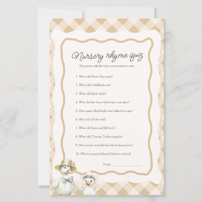 Nursery Rhyme Quiz Goose Theme Baby Shower Game (Framsida)