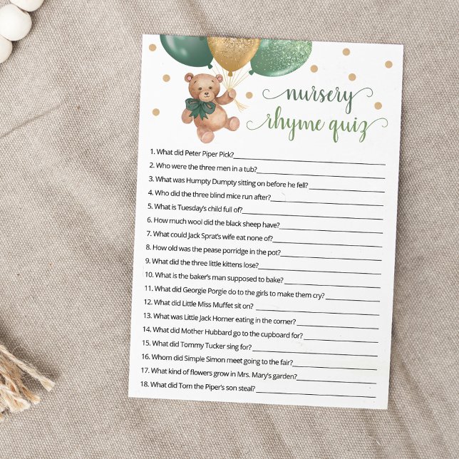 Nursery Rhyme Quiz Nalle Card Inbjudningar (Skapare uppladdad)