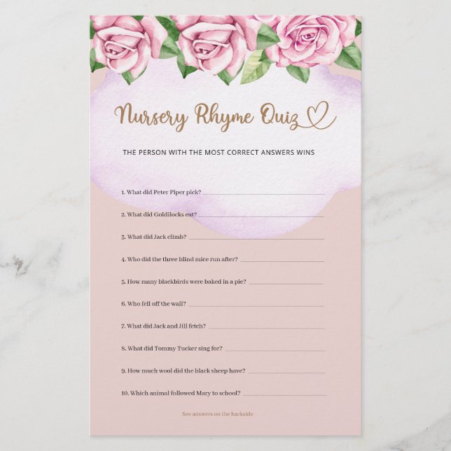 Nursery Rhyme Quiz Nalle Girl Baby Shower (Framsida)