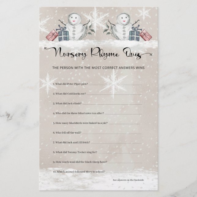 Nursery Rhyme Quiz Snögubbe Baby Shower (Framsida)