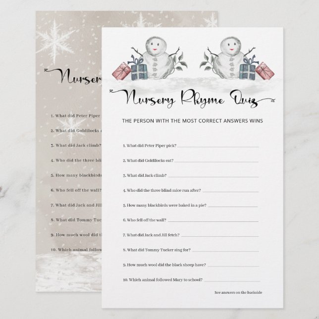 Nursery Rhyme Quiz Snögubbe Baby Shower (Fram/baksida)