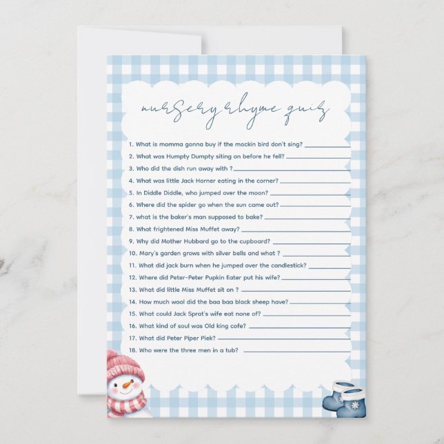 Nursery Rhyme Quiz Vinter Baby Shower-spel Inbjudningar (Framsida)