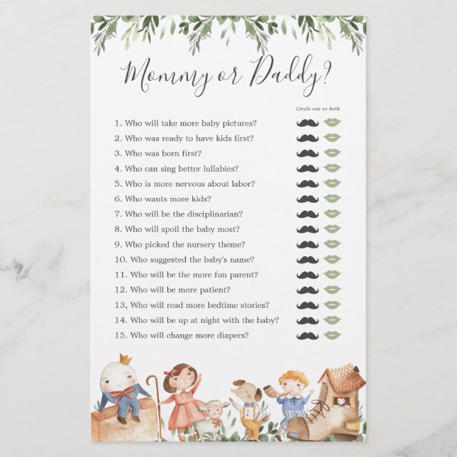 Nursery Rhymes Baby Shower Mamma eller pappa Game (Framsida)