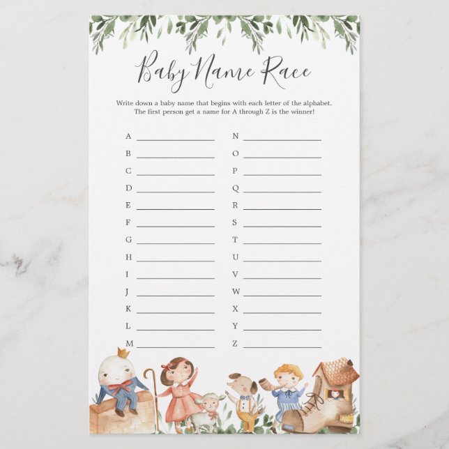 Nursery Rhymes Baby Shower Namn Tävling Game (Framsida)