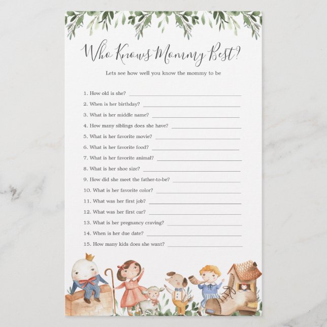 Nursery Rhymes Baby Shower som känner Mamma bäst (Framsida)