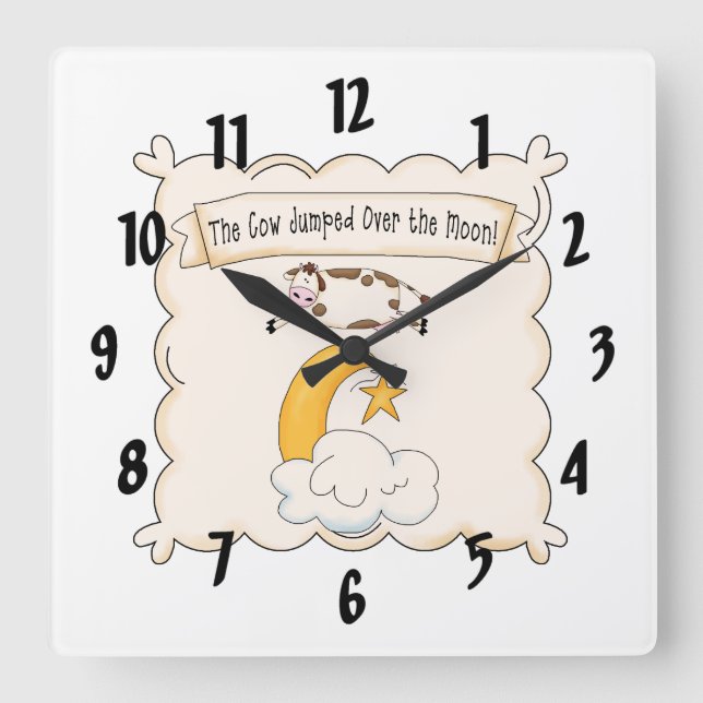 Nursery Rhymes Cow & Måne Kids Clock Fyrkantig Klocka (Framsida)