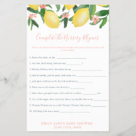 Nursery Rhymes Girl Lemons Baby Shower Game Card Flygblad