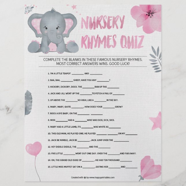 Nursery Rhymes Quiz [Baby Elephant [Rosa] Brevhuvud (Framsida)