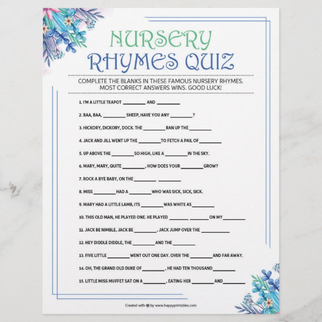 Nursery Rhymes Quiz [blå Blommigt] Brevhuvud (Framsida)
