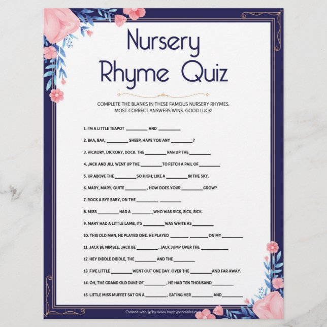 Nursery Rhymes Quiz [Blommigt Ram] Brevhuvud (Framsida)