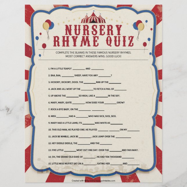Nursery Rhymes Quiz [Circus Theme] Brevhuvud (Framsida)