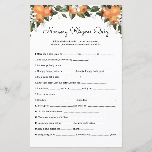 Nursery Rhymes Quiz Cutie Baby Shower Game Cards (Framsida)