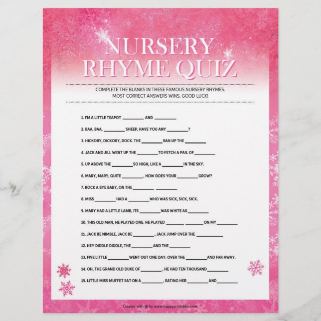 Nursery Rhymes Quiz [Snowy Rosa] Brevhuvud (Framsida)