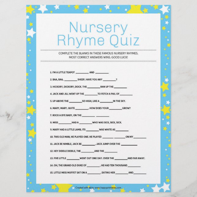 Nursery Rhymes Quiz [Starry Night Blue] Brevhuvud (Framsida)