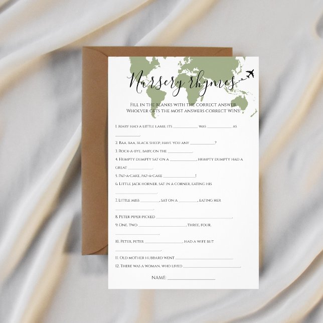 Nursery Rhymes Quiz Travel World Map Baby Shower Flygblad (nursery rhymes quiz world map travel themed baby shower)